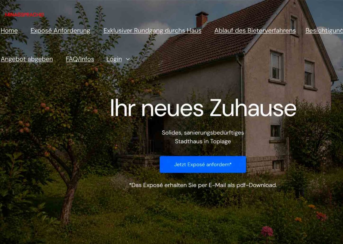 Startseite von Webseite für den Hausverkauf