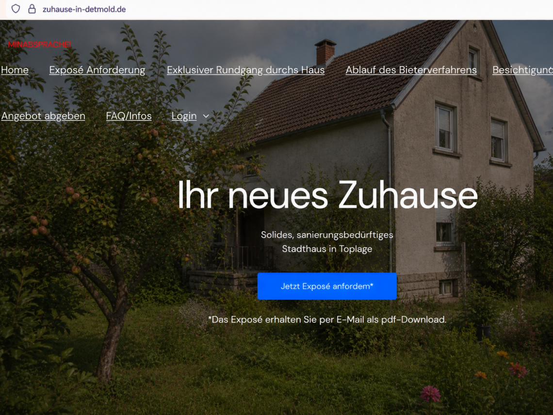Startseite von Webseite für den Hausverkauf