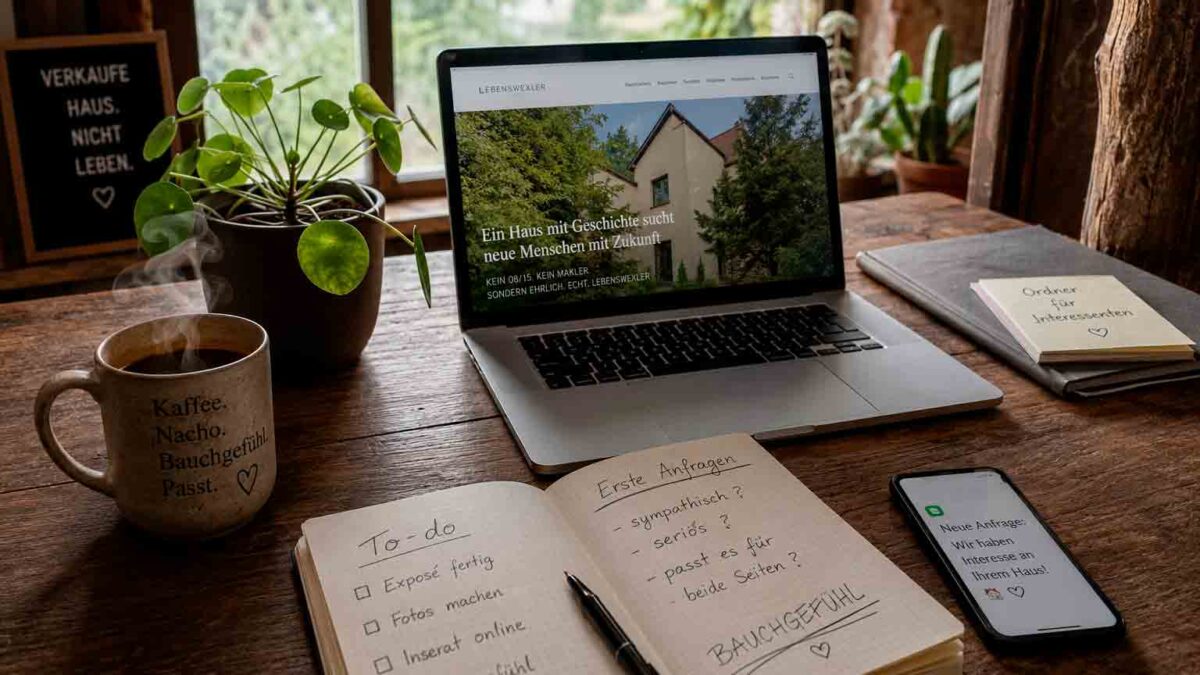 Laptop mit geöffneter Webseite, Notizbuch und Handy auf einem Holztisch am Fenster.