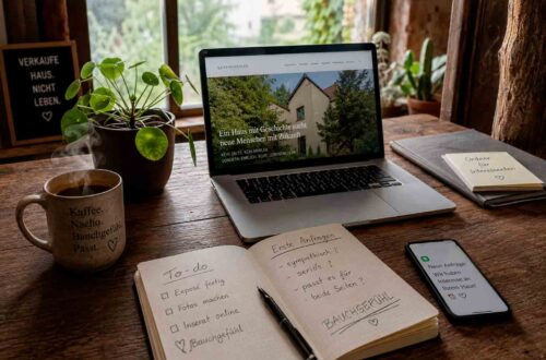 Laptop mit geöffneter Webseite, Notizbuch und Handy auf einem Holztisch am Fenster.