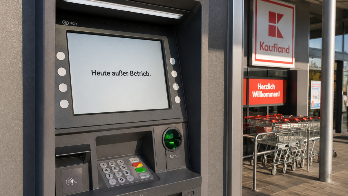 Geldautomat mit Bildschirmmeldung "Heute außer Betrieb"