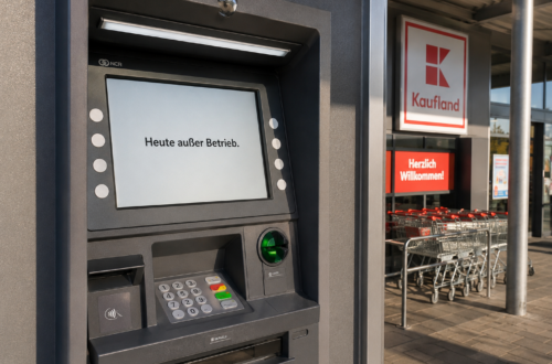 Geldautomat mit Bildschirmmeldung "Heute außer Betrieb"